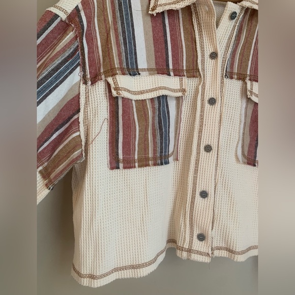 POL patchwork waffle knit button shirt top shacket cropped boho - Picture 3 of 7